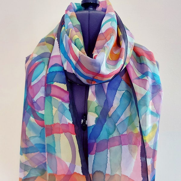 Hand Painted Silk Scarf: Multicolour Swirl Abstract Shawl
