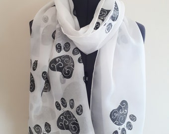 Pawprints Silk Scarf ~ Lino Printed Scarf, Black and White Scarf, Paw Print Accessories, Dalmation Scarf, Dog print Scarf, Cat Paw Scarf