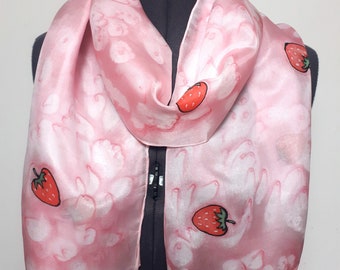 Pink Strawberries Silk Scarf ~ Baby Pink Silk Scarf, Red Strawberry Print Scarf, Mothers Day Gift, Cute Strawberry Presents