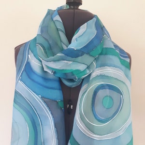 Abstract Blue Scarf ~ Blue and Green Silk Scarf, Turquoise Accessories, Light and Dark Blue Shawl, Teal Womenswear, Blue Gifts for her
