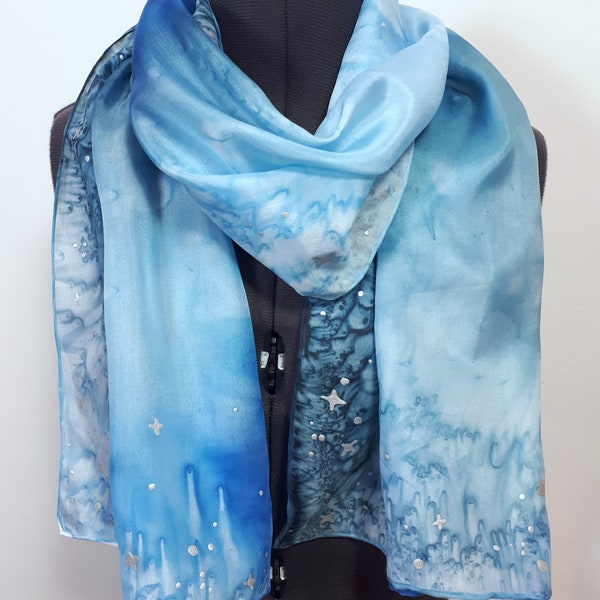 Silver Stars Scarf ~ Night Sky Scarf, Womens Space Scarf, Celestial Accessories, Metallic Star Scarf, Galaxy Scarf, Light Blue Silk Scarf