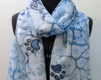 Blue Pawprint Silk Scarf ~ Hand Painted Silk Scarf, Paw Print Accessories, Gift for animal lover, Dog Paw Presents, Girls Cat Print Scarf