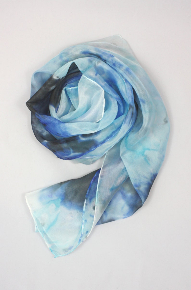 Blue Tie Dye Silk Scarf Baby Blue Silk Scarf, Light Blue Accessories, Blue Gifts for her, Navy Presents for her, Winter Silk Scarf image 2