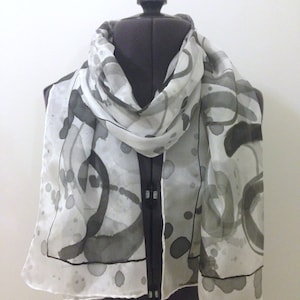 Black and White Silk Scarf ~ Hand Painted Silk Scarf, Abstract Accessories, Womens Silk Headscarf, Luxury Scarf for her, Grey Wedding Shawl