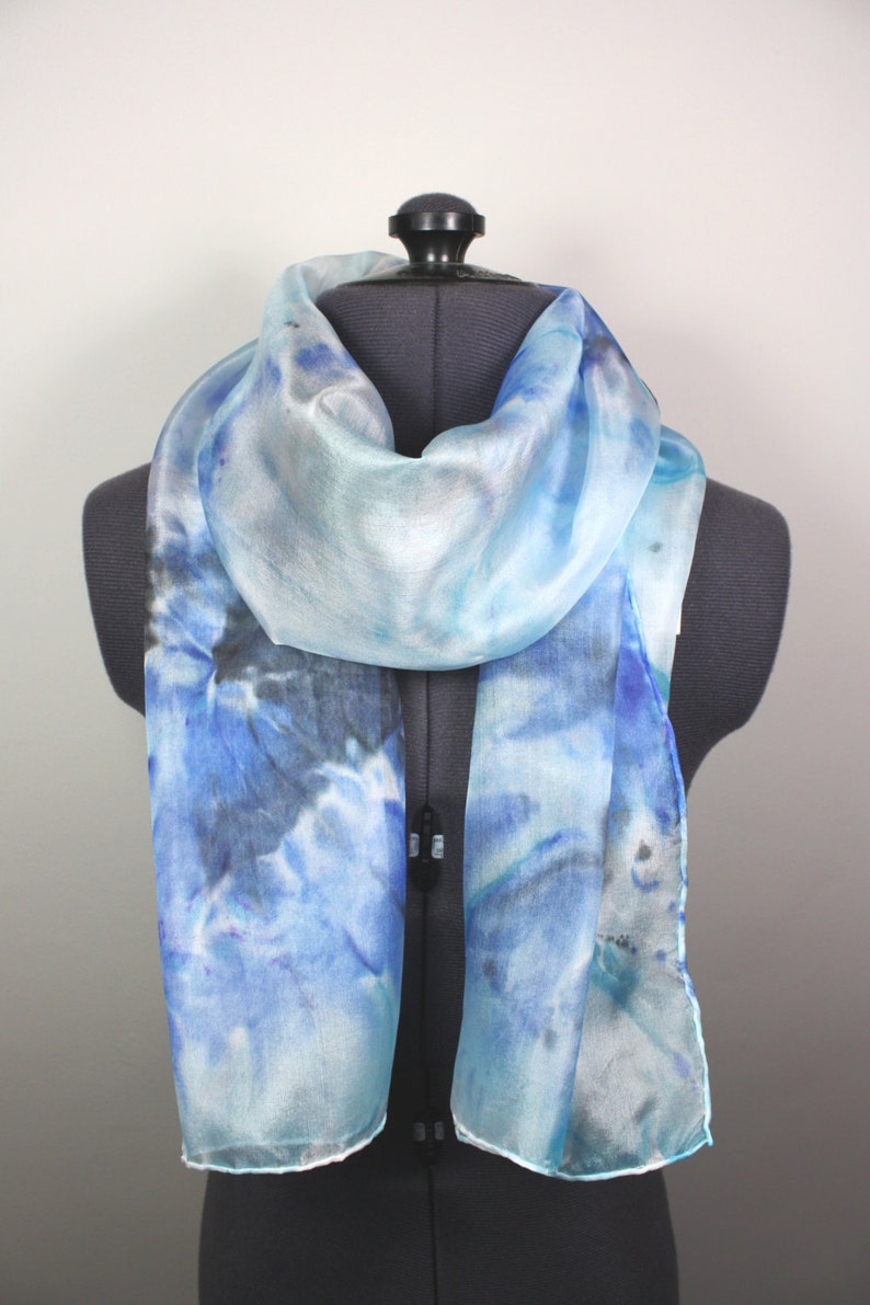Blue Tie Dye Silk Scarf Baby Blue Silk Scarf, Light Blue Accessories, Blue Gifts for her, Navy Presents for her, Winter Silk Scarf image 1