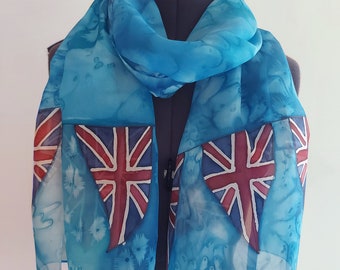 King's Coronation Silk Scarf ~ Union Jack Scarf, England Accessories, Great Britain Scarf, Coronation Outfit, Blue Red and White Scarf