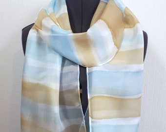 Hand Painted Silk Scarf: Blue, White & Sand Stripes