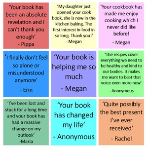 May include: A collage of nine colorful squares with text reviews about a book. Each square features a different quote about the book, with the author's name at the bottom. The quotes are positive and express appreciation for the book's impact.