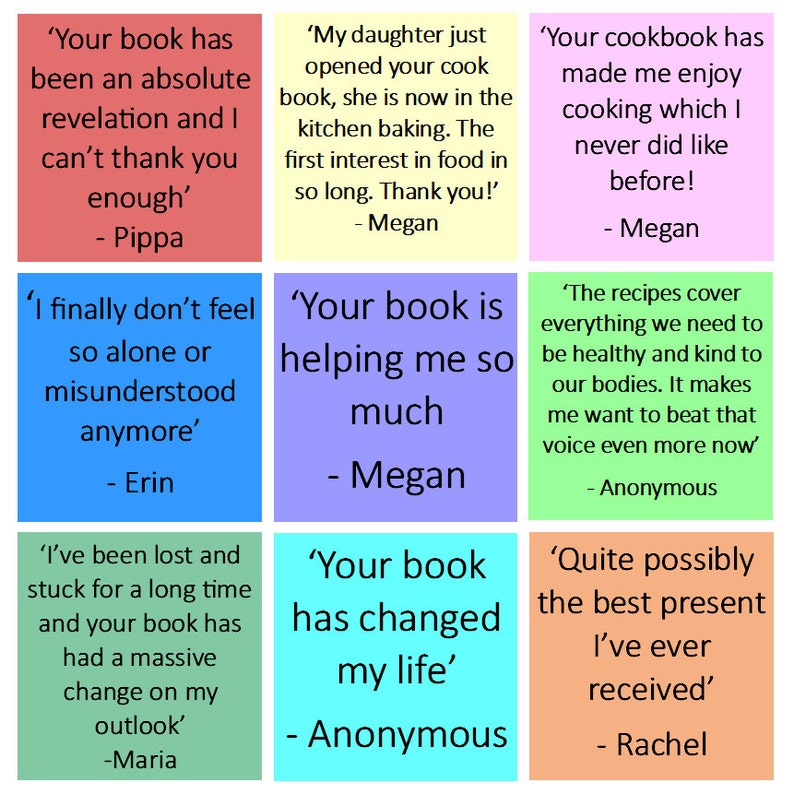 May include: A collage of nine colorful squares with text reviews about a book. Each square features a different quote about the book, with the author's name at the bottom. The quotes are positive and express appreciation for the book's impact.