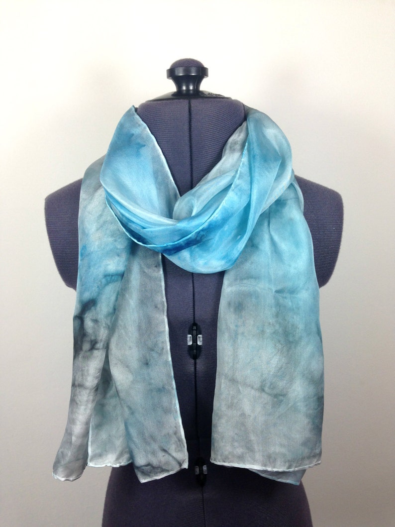 Cerulean Blue Silk Scarf Hand Painted Silk Scarf, Scarf to wear at Winter Weddings, Xmas Presents for Mom, November Fashion Trends for her image 1