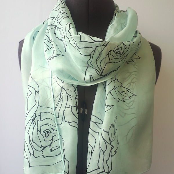 Teal Roses Scarf ~ Duck Egg Blue Scarf, Mint Accessories, Turquoise Shawl, Baby Blue Neckwear, Light Green Silk Scarf, Turquoise Accessories