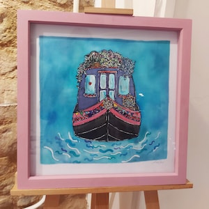Narrowboat Silk Painting: Colorful Canal Boat Art, Framed Wall Decor