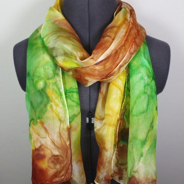 Spring Silk Scarf ~ Hand Painted Silk Scarf, Green Accessories, Green and Brown Shawl, Tie Dye silk scarf, Green Mother's Day gift