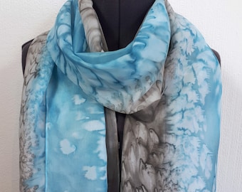 Hand Painted Silk Scarf: Blue & Grey Abstract Design