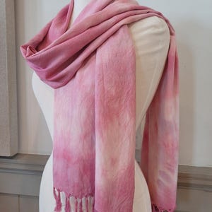 Organic Peace Silk Scarf - Cruelty Free Ahimsa Silk, Shades of Pink Silk Scarf, Light Pink Tie Dye Scarf with Tassels, Luxury Winter Scarf