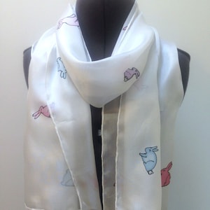 Little Bunnies Silk Scarf ~ Womens Rabbbit Accessories, White Silk Scarf, Bunny Accessories, Rabbit Print Scarf, Hare Accessories