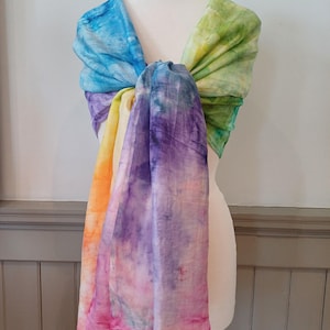 Organic Peace Silk Scarf - Cruelty Free Ahimsa Silk, Pastel Rainbow Silk Scarf, Multicolour Tie Dye Scarf with Tassels, Luxury Rainbow Scarf