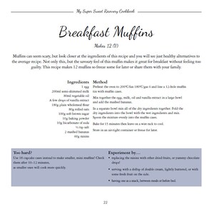 May include: A recipe for breakfast muffins with a list of ingredients and instructions. The recipe makes 12 muffins and includes variations for making smaller muffins or substituting ingredients.
