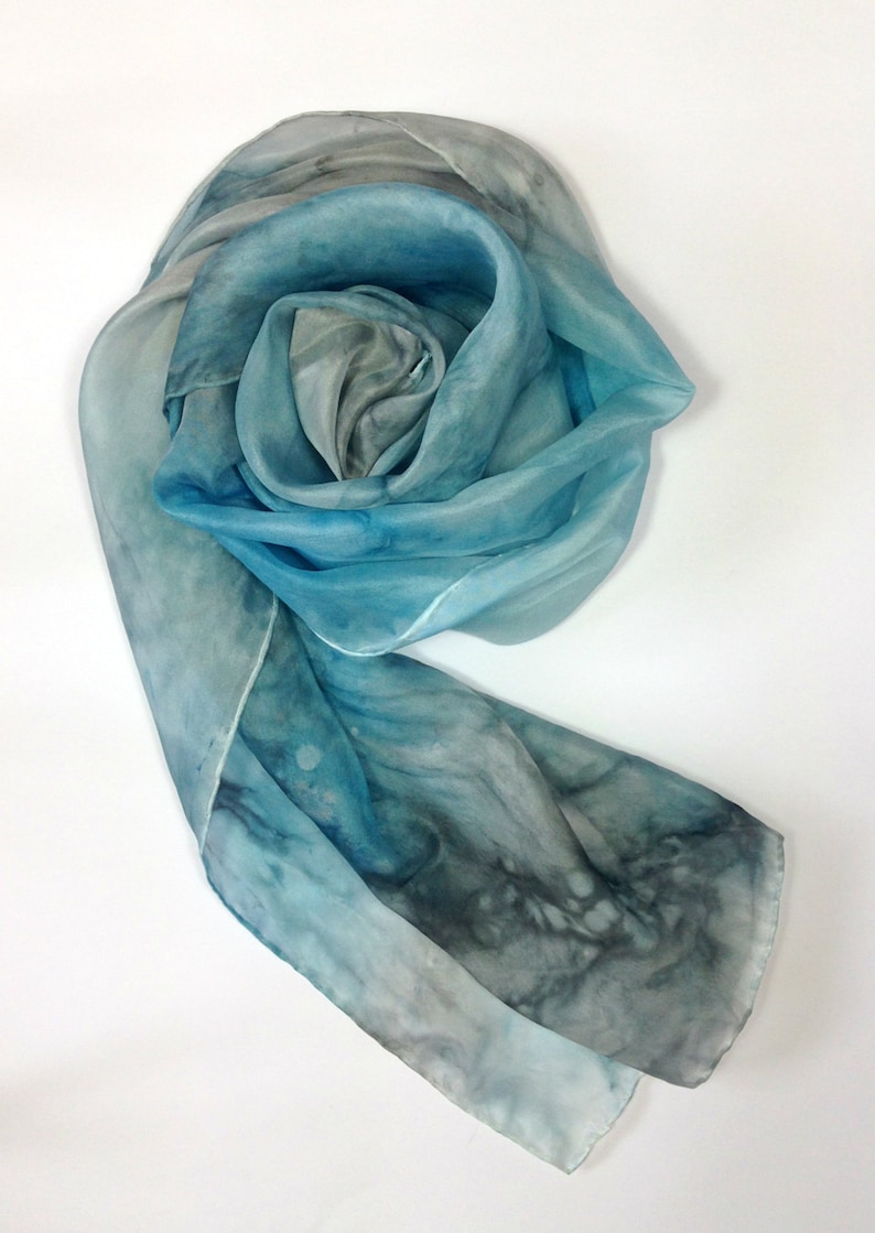 Cerulean Blue Silk Scarf Hand Painted Silk Scarf, Scarf to wear at Winter Weddings, Xmas Presents for Mom, November Fashion Trends for her image 2