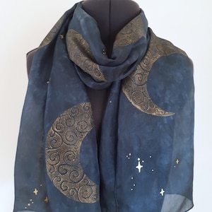 Gold Moon Silk Scarf ~ Lino Printed Silk Scarf, Black and Gold Scarf, Moon Accessories, Star Sky Scarf, Celestial Scarf, Black Silk Scarf