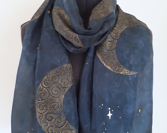 Gold Moon Lino Printed Silk Scarf - Celestial Starry Sky