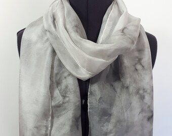 Hand Painted Light Grey Silk Scarf: Marble Design