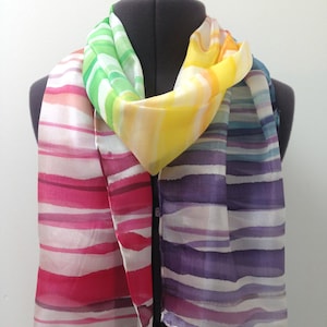 Rainbow Silk Scarf ~ Hand Painted Silk Scarf, Multicoloured Accessories, Multicolor Scarf, Maximalism Accessories, Stripy Silk Scarf for her