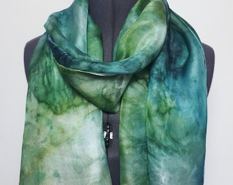 Hand Painted Silk Scarf: Green and Blue Marble Design