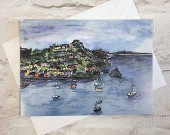 Mevagissey Karte ~ Mevagissey Hafen Gemälde, Nautische Geburtstagskarte, Cornwall Karte, Segelboote Grußkarte, Fischerboot Karte