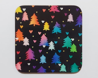 Christmas Tree Coaster ~ Rainbow Christmas Tree Art, Christmas Tree Painting, Small Stocking Filler, Festive Coaster Set, Fir Tree Coasters