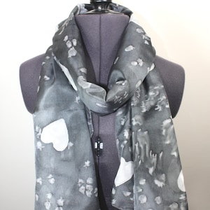 Charcoal Grey Silk Scarf ~ Hand Painted Silk Scarf, Gray Accessories, Womens Dark Grey Fashion, Heart Pattern Scarf, Unique Gifts for her