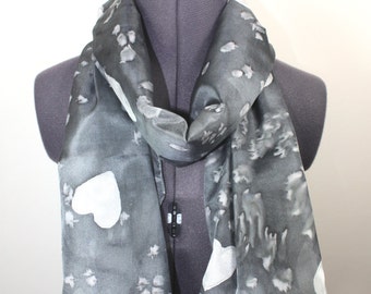Charcoal Grey Silk Scarf ~ Hand Painted Silk Scarf, Gray Accessories, Womens Dark Grey Fashion, Heart Pattern Scarf, Unique Gifts for her