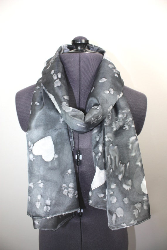 Charcoal Grey Silk Scarf ~ Hand Painted Silk Scarf, Gray Accessories, Womens Dark Grey Fashion, Heart Pattern Scarf, Unique Gifts for her