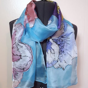 Pansy Silk Scarf ~ Pansy Accessories, Pansies Print Shawl, Gift for Girlfriend, Floral Silk Scarf, Light Blue Womens Scarf, Sky Blue Scarf