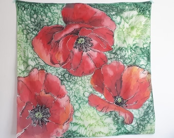 Poppy Silk Scarf ~ Poppies Square Scarf, Red Poppy Accessories, Red Floral Shawl, Poppy Accessories, Mothers Day gift, Large Square Scarf