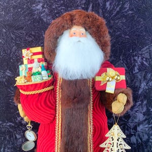 Handmade Versace Velvet Santa, Christmas Pearls, Santa Dolls, Dianes Heirloom Santas, Collector's Santa, Burgundy and mink, Final Edition