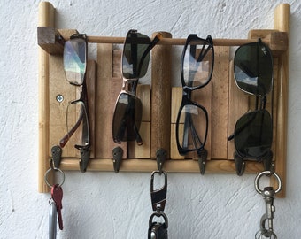 sunglasses holder and key rack wall eyeglass display wall mount storage reclaimed wood  Art   key holder