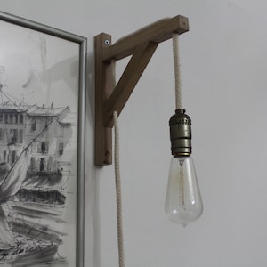 Rustic Wall Sconce Wood Lamp Rustic Lighting Rustic Lamp with Rope Light Fixture Handmade Wooden Lamp Walnut Wood