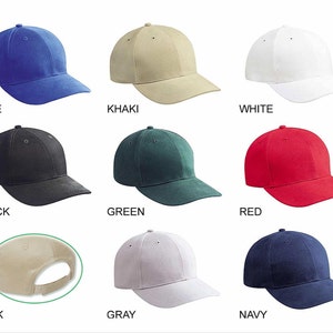 May include: Nine different colored baseball caps. The caps are all the same style, with a curved brim and a strap in the back. The colors are blue, khaki, white, black, green, red, gray, and navy.