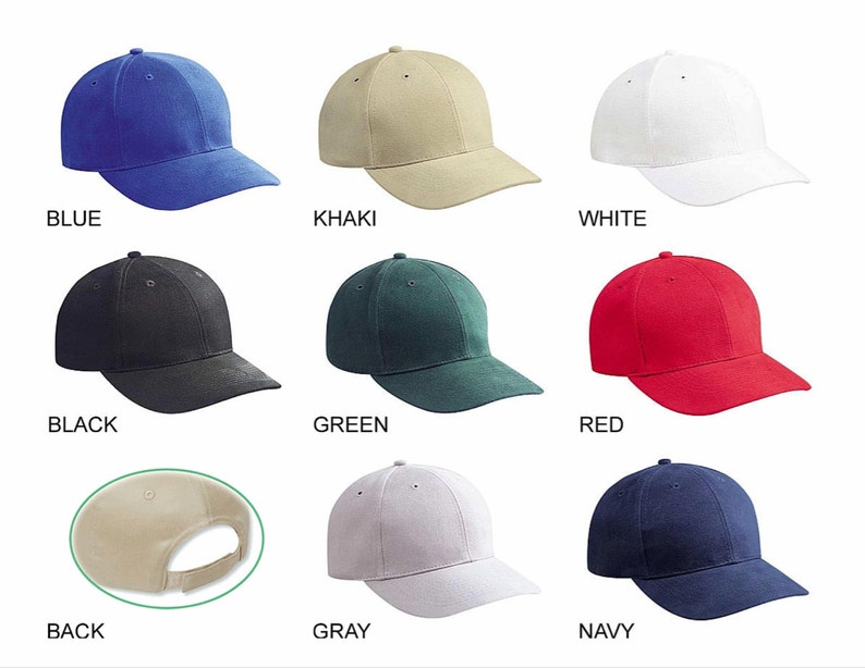 May include: Nine different colored baseball caps. The caps are all the same style, with a curved brim and a strap in the back. The colors are blue, khaki, white, black, green, red, gray, and navy.