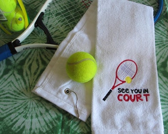 Op maat geborduurde tennishanddoek - See You in HOF - Geheel katoenen badstof - Gepersonaliseerd - Geborduurd - Tenniscadeau