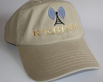 Custom embroidered hats / caps, "HAM RADIO HAT"  with radio antenna and your callsign