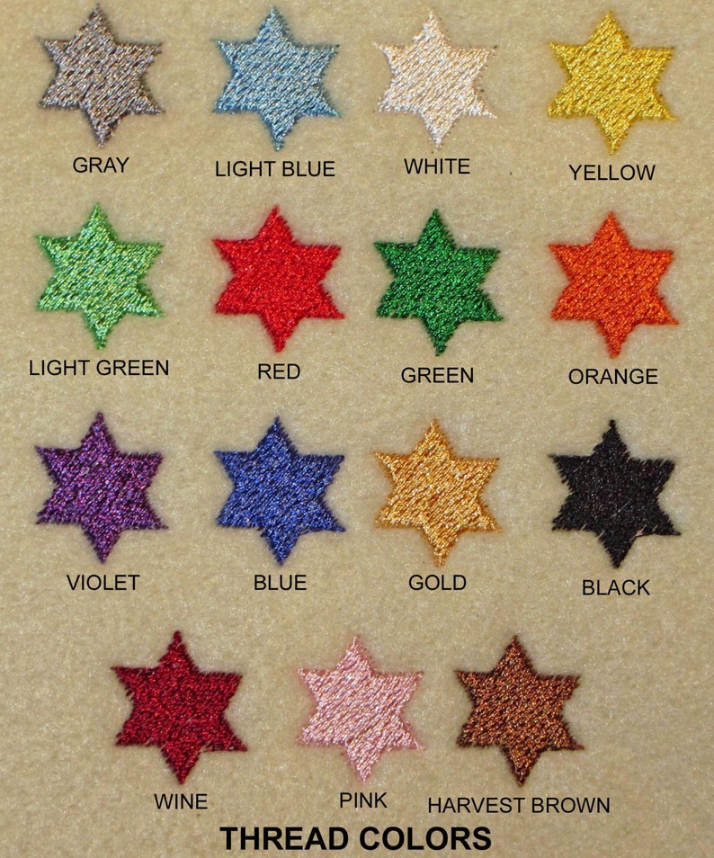 May include: A chart of thread colors for embroidery, showing 14 different colors of thread in the shape of a six-pointed star. The colors are: gray, light blue, white, yellow, light green, red, green, orange, violet, blue, gold, black, wine, pink, and harvest brown. The text "THREAD COLORS" is at the bottom of the chart.