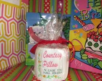 Custom embroidered toilet paper, Courtesy Pillow in case you fall asleep