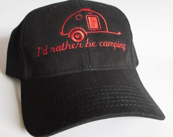 Custom embroidered hats / caps, "I'd rather be camping"  with Teardrop Trailer
