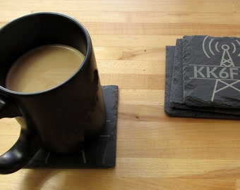 Engraved Ham Radio Slate Coaster Set: Personalized Call Sign Gift