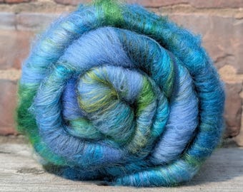 Carded Art Batt, for spinning and felting, wool and silk blend, rich blues and greens.