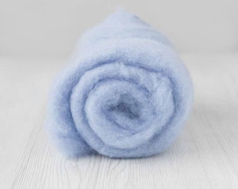 Puede incluir: Un rollo de vellón de lana azul claro. La lana es suave y esponjosa, con un patrón en espiral. El fondo es una superficie de madera blanca.