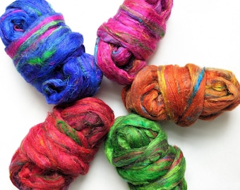 Recycled Sari Silk for felting and spinning, 5 colour assortment, 125 grams (4.4oz)