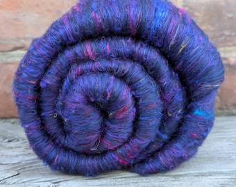 Carded Art Batt, for spinning and felting, wool and sari silk blend, Deep Blue